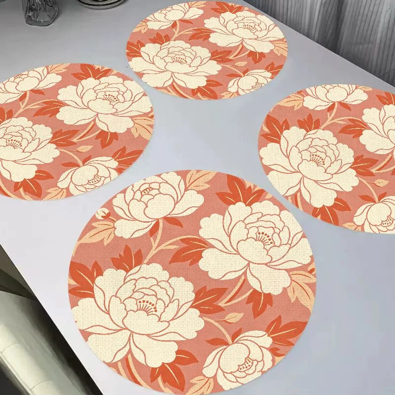VIKAMA New Chinese Ink Gilded Jadeite Bamboo Round Linen Placemats, Heat Resistant for Dining Table Decor