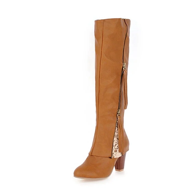 

Botas De Mujer, осенне-зимние сапоги до колена, женская модная обувь на высоком каблуке с круглым носком, на платформе, на молнии, большой размер 43 44 7105