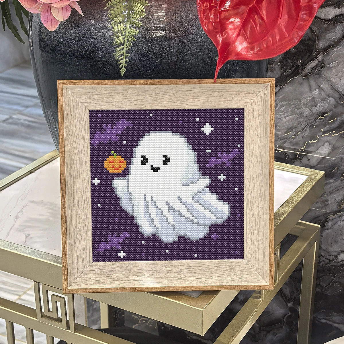 Smiling Ghost Halloween-themed Cross-Stitch Kit, DIY Handmade Printed Embroidery with Frame, Pumpkin Bat Cute Goblin Desktop Decoration - view 2