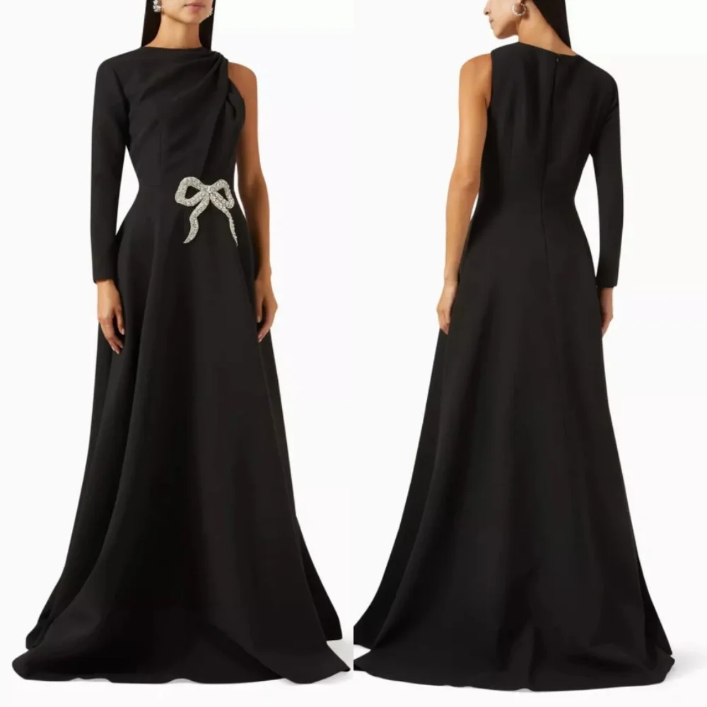 

Customized Sizes Available Sparkle Jersey Pleat Bow Rhinestone A-line One-shoulder Long Dresses Bespoke Occasion Dresses Casual