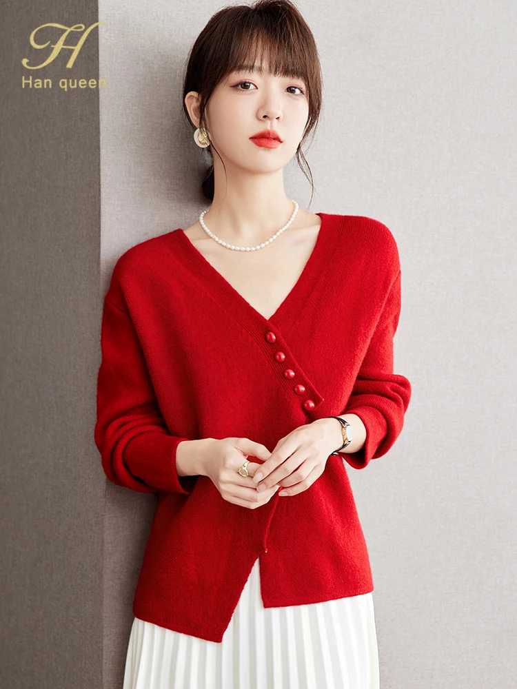 H Han Queen 2024 Winter Loose V-Neck Irregular Thick Knitted Cardigan Sweater Women Simple Basic Long Sleeve Casual Sweater Top