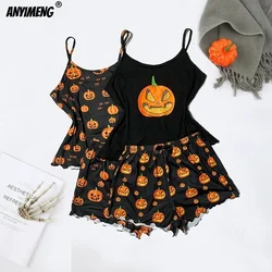 2PCS Set HOT Halloween Cute Prumpkin Party Nightie Spaghetti Strap Pajamas Women Tank Top Shorts Sexy Lingerie Sleeveless Pijama