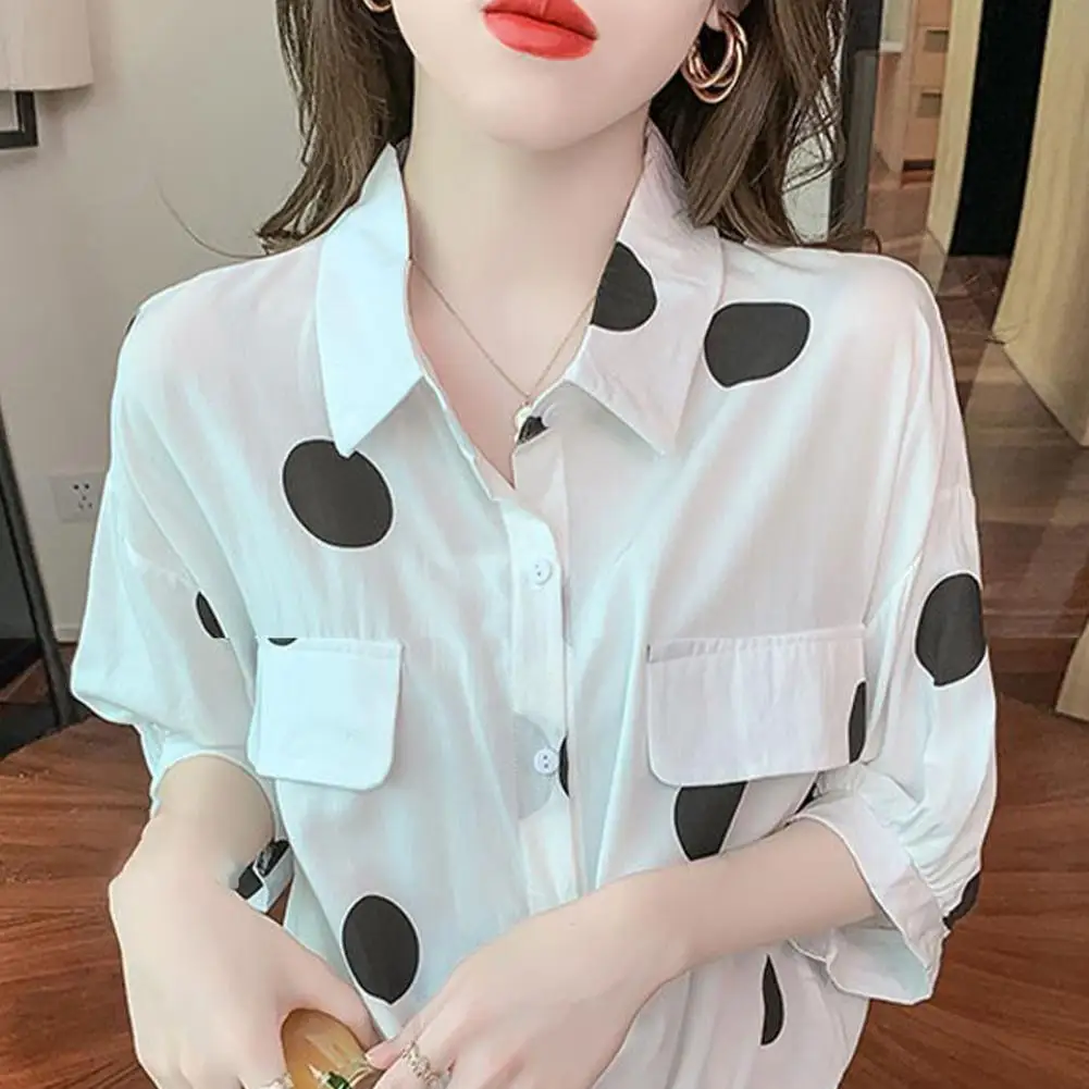 Dot Print Shirt Loose Fit Lapel Long Sleeve Women\'s Shirt Single Breasted Workwear with Fake Flap Pockets Featuring Dot Print