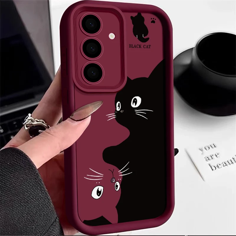 Full Screen Twin Black Cat Phone Case For Samsung S24 S23 S22 Ultra Plus S21 A55 A54 A53 A52 A25 A15 A14 5G Silicone Soft Cover