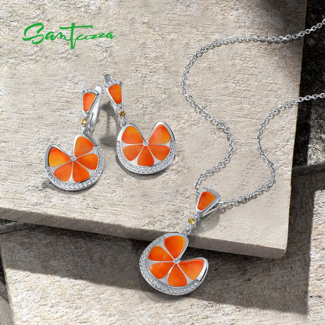 SANTUZZA Genuine 925 Silver Jewelry Set For Women Orange Enamel Leaf Earrings Pendant Creative Wedding Gifts Fine Jewelry