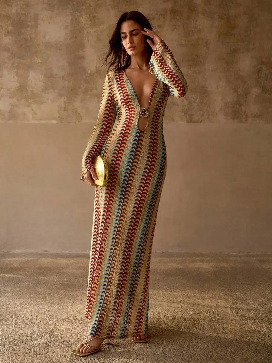 

Deep V-Neck Bohemian Maxi Dress With Metal Decor, Flare Sleeve, Multi-Color Striped Textured