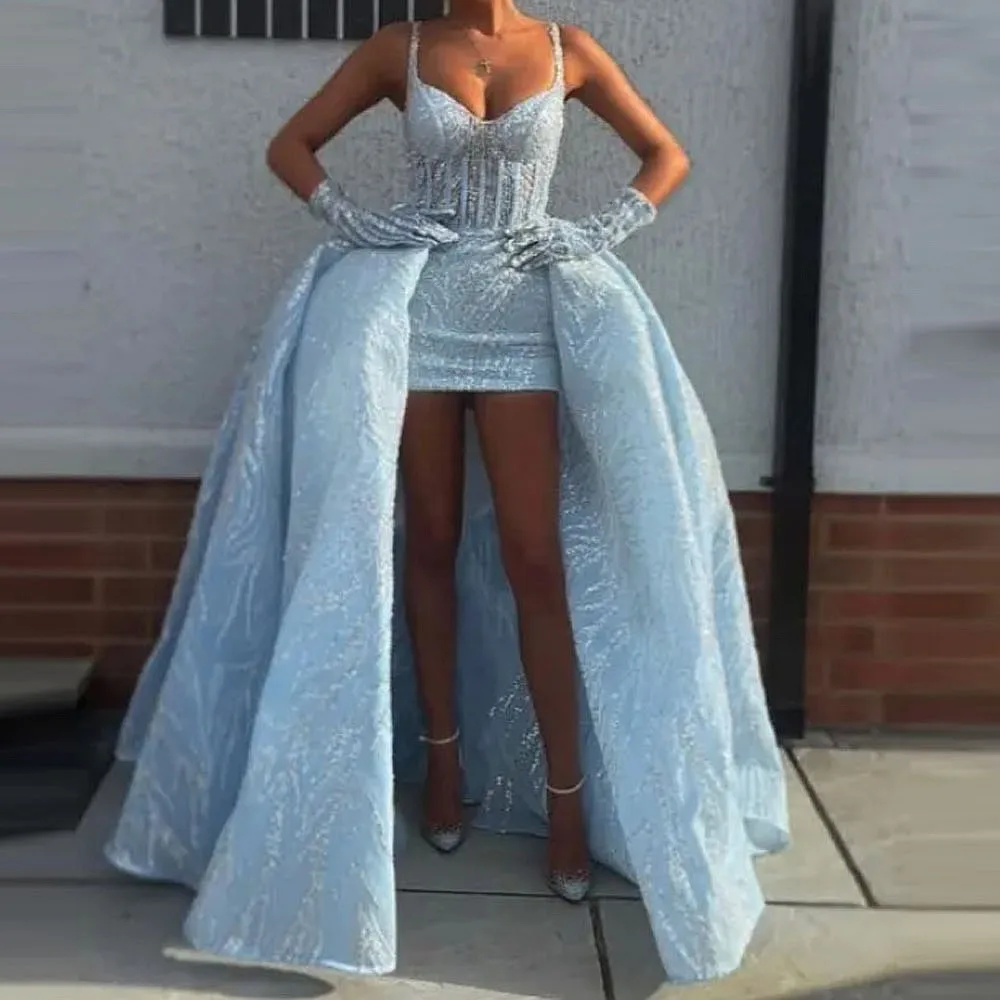 Sky Blue Lace Prom Dresses Without Gloves Exposed Boning Birthday Party Dress With Detachable Train High Low vestidos de fiesta