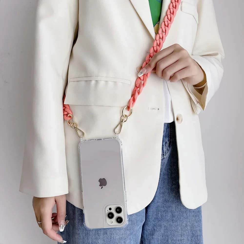 اللون الاكريليك سلسلة Crossbody للصدمات الحبل جراب هاتف آيفون 15 16 برو 13 12 11 14 برو ماكس سلسلة اليد غطاء شفاف