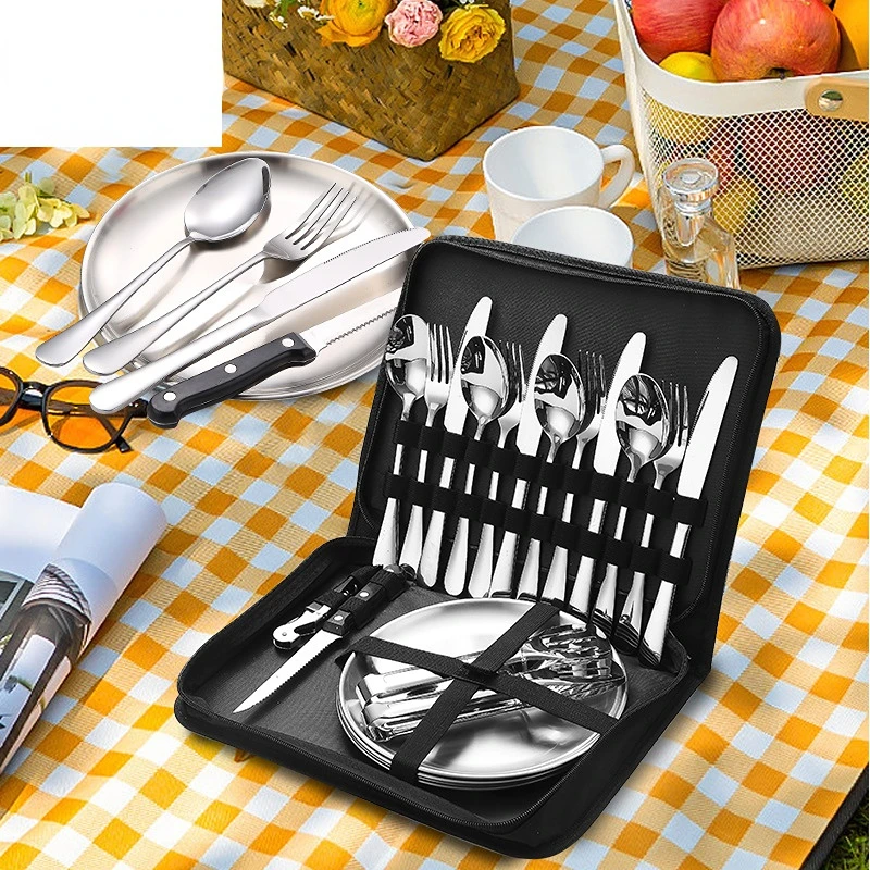 

Stainless Steel Outdoor Portable Tableware Set, Camping Steak Knife, Fork and Spoon, Picnic Cutlery Set with Storage Bag