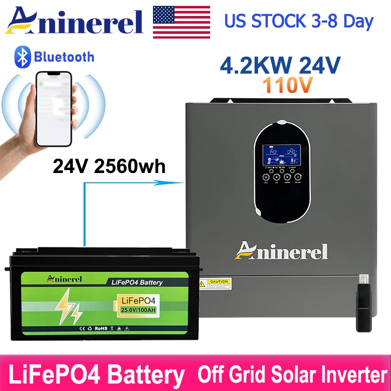 Aninerel 4.2W 120V 24V Hybrid Inverter Off Grid Pure Sine Wave solar Inverter  24V 100Ah 2560Wh  LiFePO4 Battery  PV Max 6200W 50Hz/60Hz for LCD Display