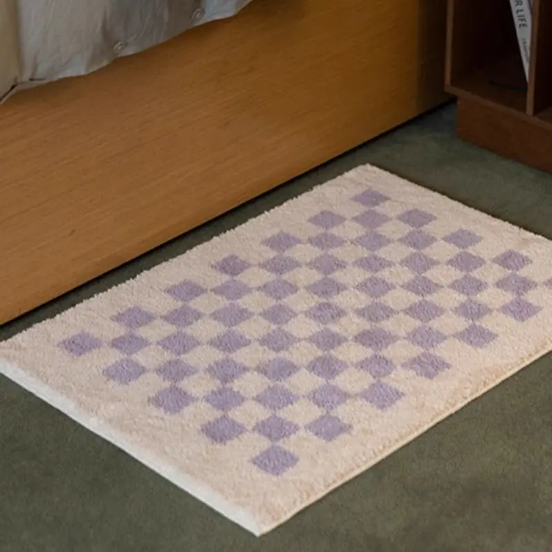 VIKAMA Cream Purple Diamond Checkerboard Check Bath Mat Aesthetic Modern Bedroom Home Decor Artistic Gift Soft Durable Cozy Cute