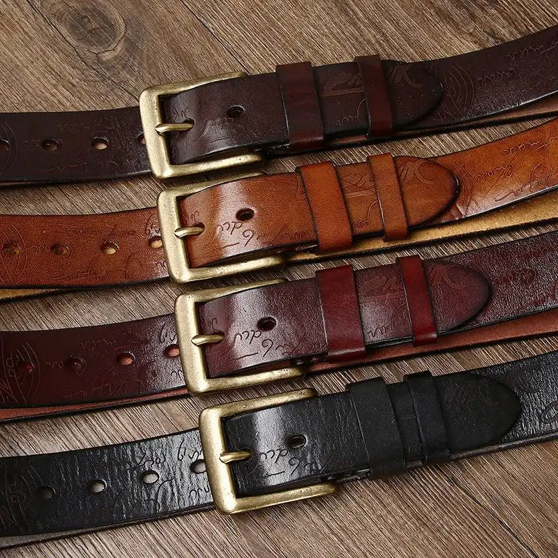 Retro Men's Solid Brass Buckle Belt Casual Leather Pin Buckle Belt Denim First Layer Cowhide Handmade Belt