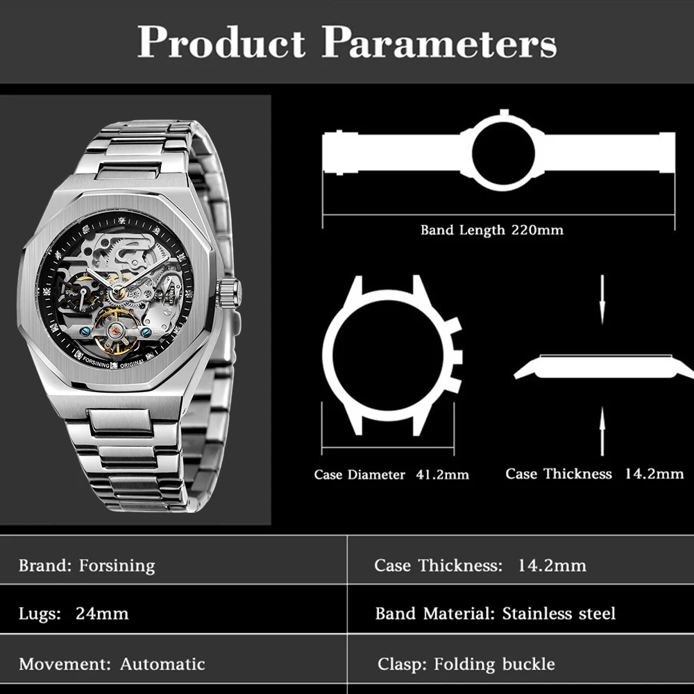 FORSINING Trendy Polygon Men Watch Rhinestone Skeleton Automatic Mechanical Watch Stainless Steel Formal Business Man Wristwatch