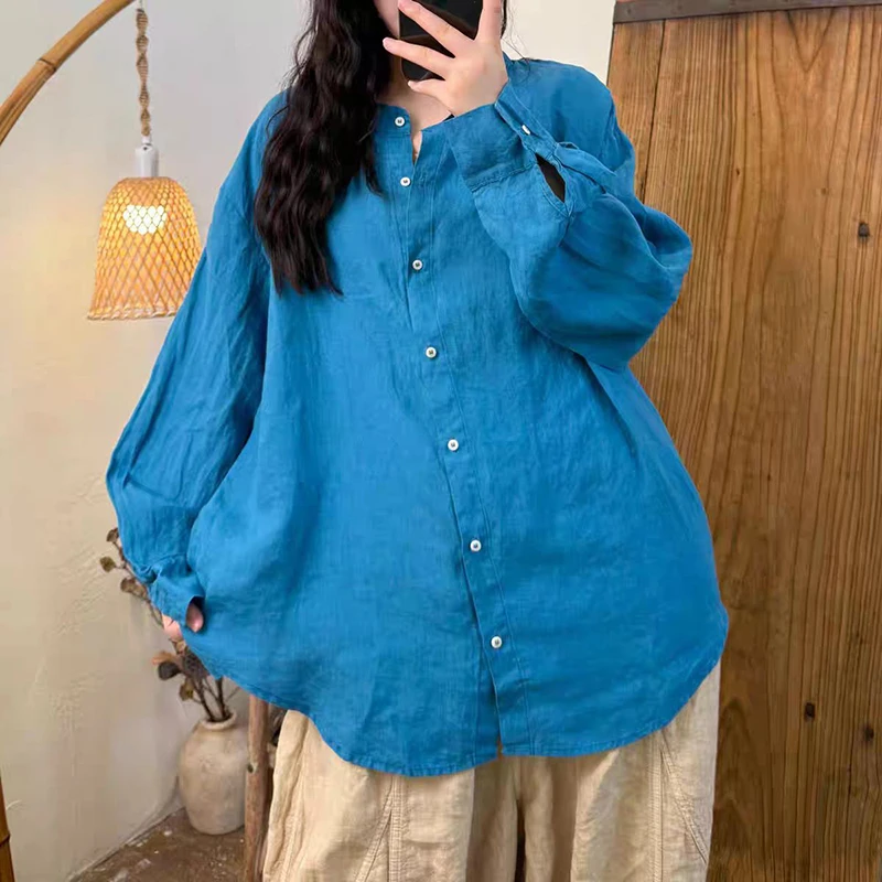 

New Arrival Spring Summer Arts Style Women Stand Collar Loose Blouse All-matched Casual Cotton Linen Shirts High Quality TH138