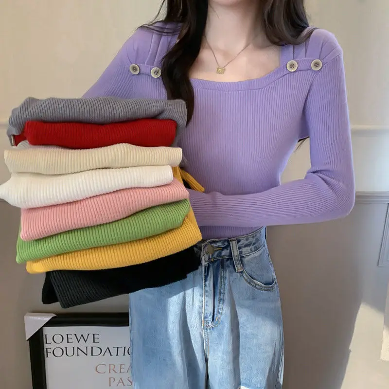 

Fashionable Design French Square Collar New Sweater for Women 2025 Autumn Winter Knitted Base Shirt Top