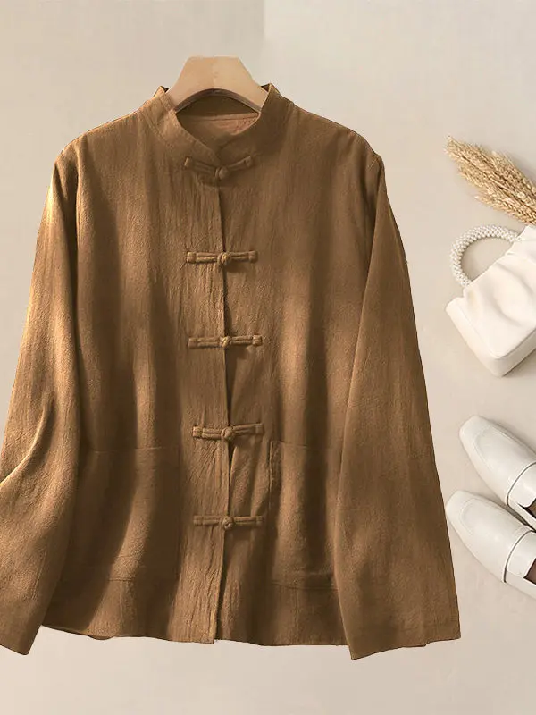 Casual New Chinese Style Women's Large Size Jacket Korean Japanese Ethnic Trendy Shirt Top Loose Fit Long Sleeve Stand Collar