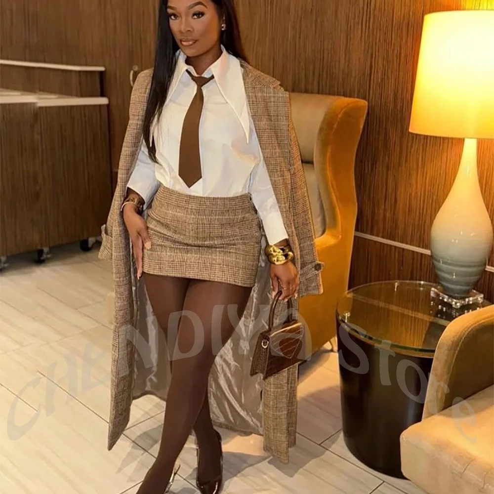 High-End Tailored Women's Suit Soft Fabric Commute Outwear Peak Lapel Long Coat with Skirt Modern Lady Outfit Blazer Set