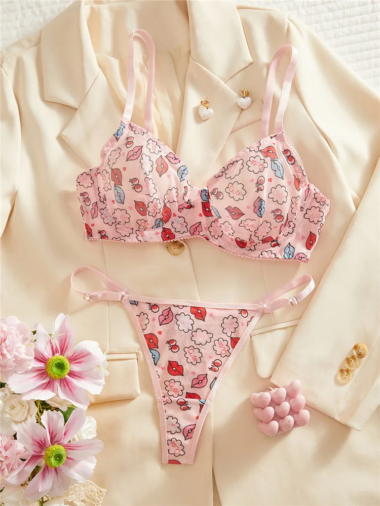 

Sexy Lingerie Set Printed New Fashion Bra Brief Set Seamless Underwear Thong Romantic Mesh Thin Comfortable Pink Exotic Sets
