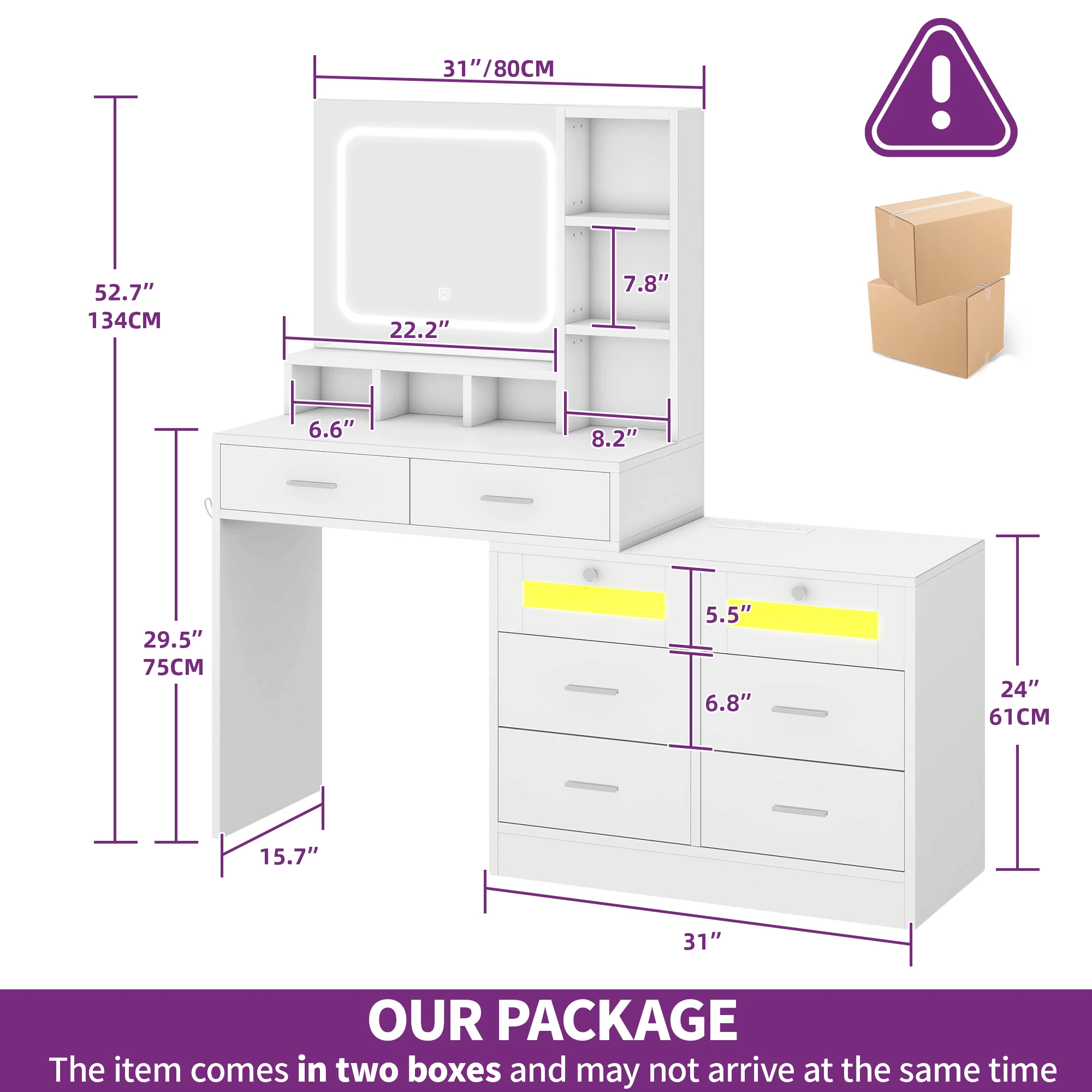YITAHOME Corner LED Vanity Table with Charging Station Drawers Adjustable Shelves Makeup Desk