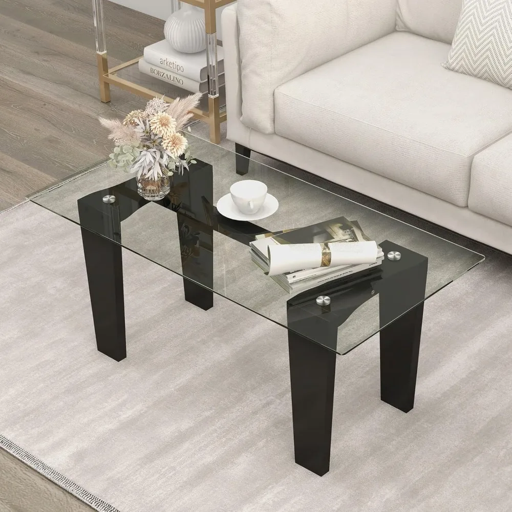 

Rectangular Glass Coffee Table, Modern Tempered Glass Top Accent Table with Transparent Tabletop & Rubber Wood Frame