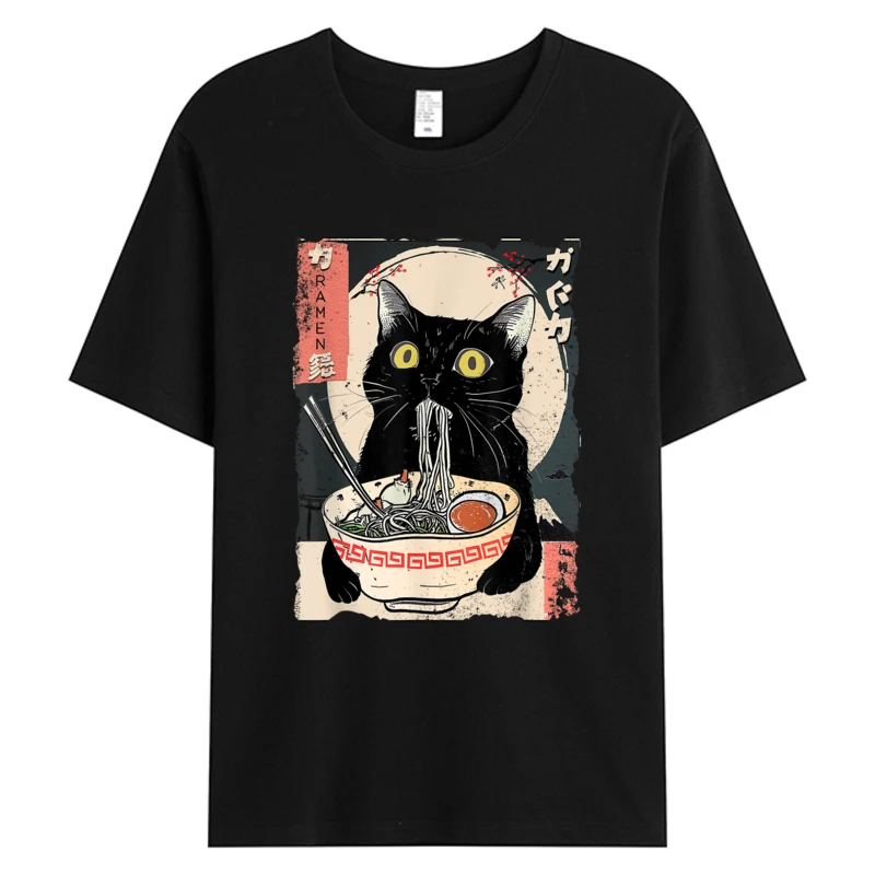 

Kawaii Cat Eating Ramen Noodles Tshirt Funny Anime Gift Men's Cotton Fabric Thanksgiving Lover Hot Sell Graphic T-Shirts
