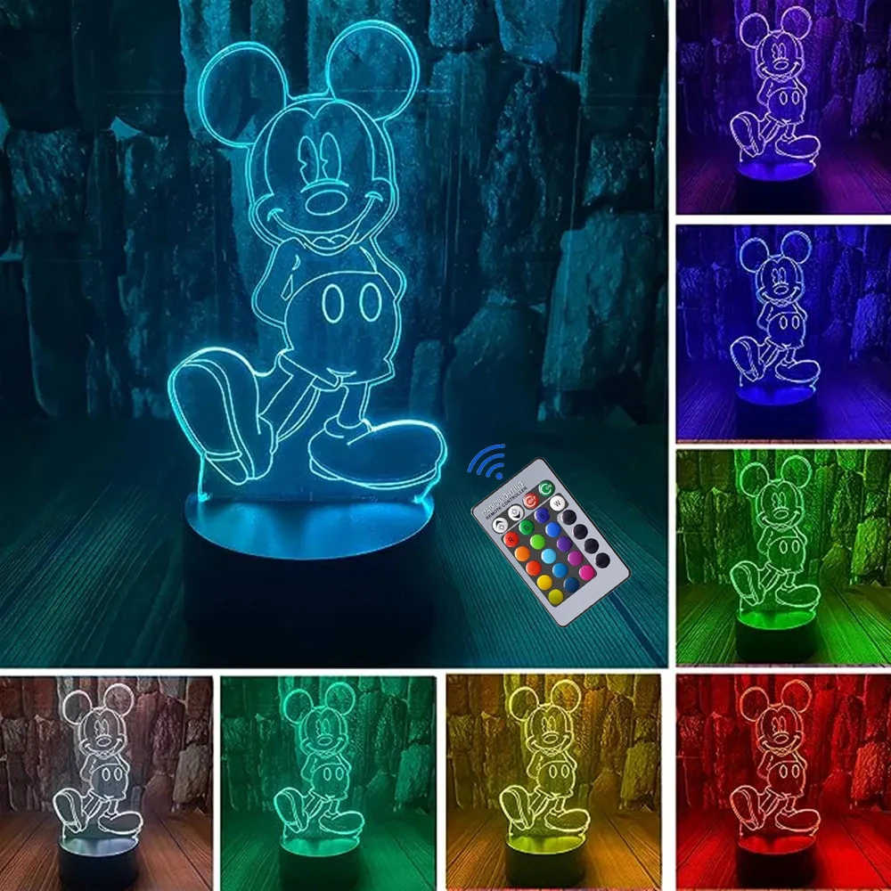 Disney-luz de noche 3D de dibujos animados, lámpara de mesa decorativa de Minnie, Mickey Mouse, acrílico, táctil, 16 colores, regalo para niños