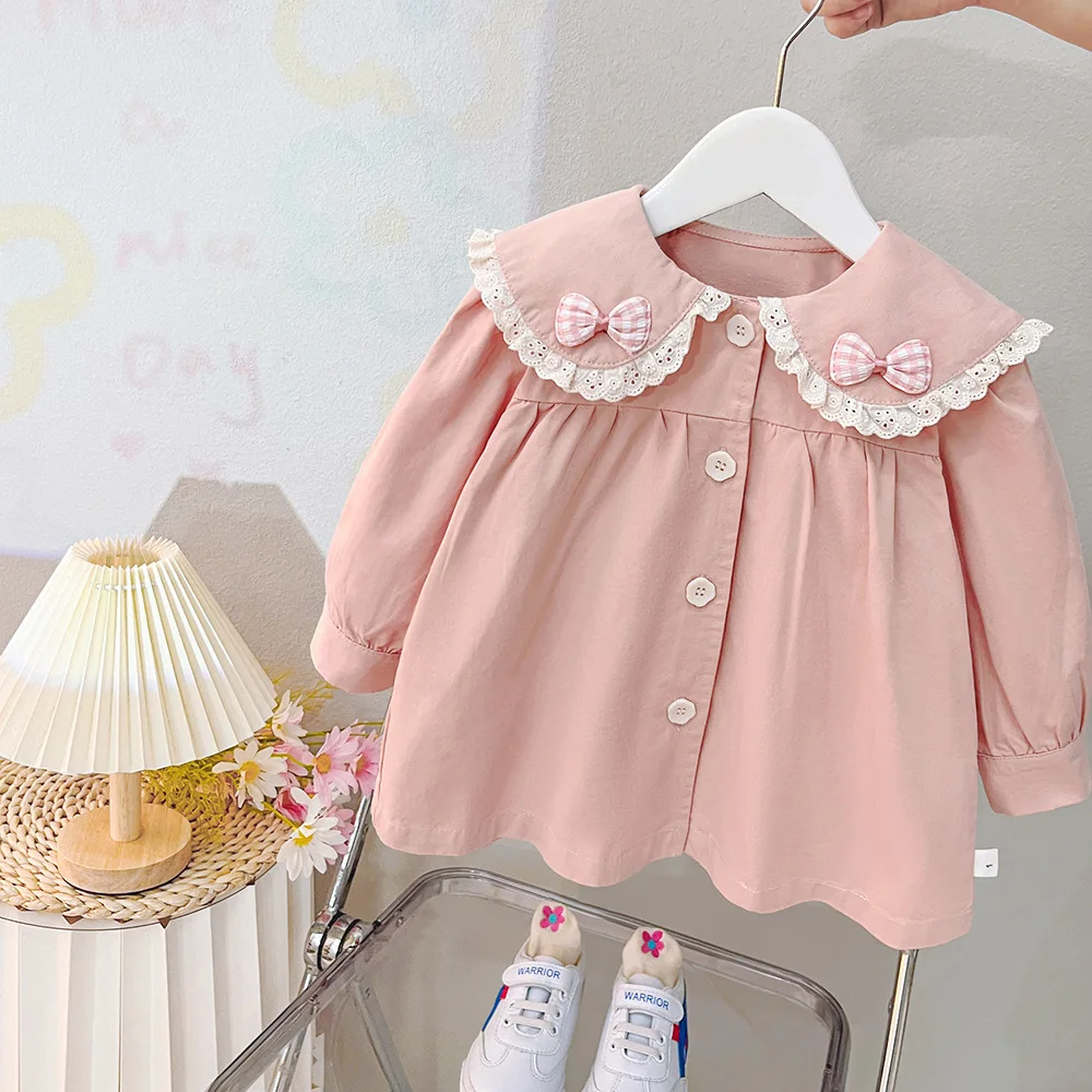 

Baby Jacket Baby Girl Windbreaker Early Autumn Lace Round Neck Bow Cute Ears Single Breasted Cardigan Trench Female child coat