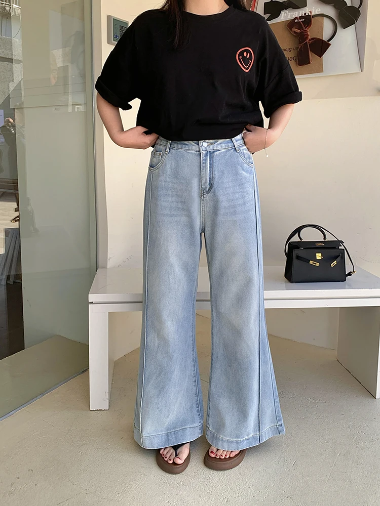 

Джинсы Lin Da Hui с высокой талией, свободного кроя, с эффектом драпировки, больших размеров, скрывающие недостатки фигуры, длинные брюки, новая весенняя модель, повседневные, широкие штанины