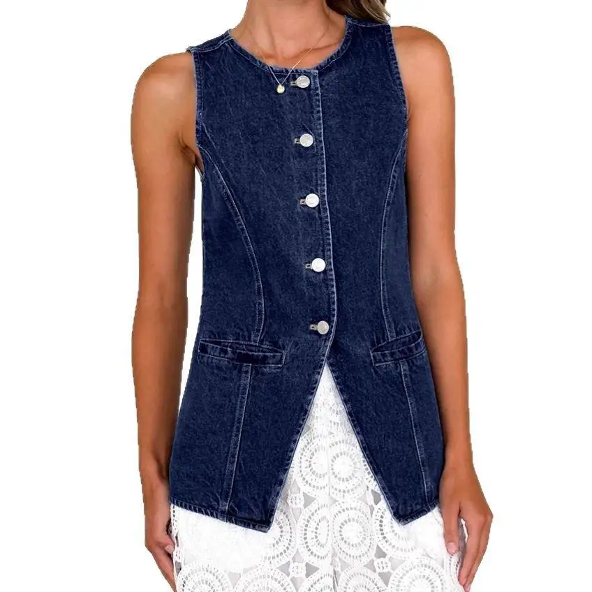 

Retro Faion round Ne Svel Waist Cinched Denim Vest Independent Station Women's Vest Cotton Filled Summer Outerwear