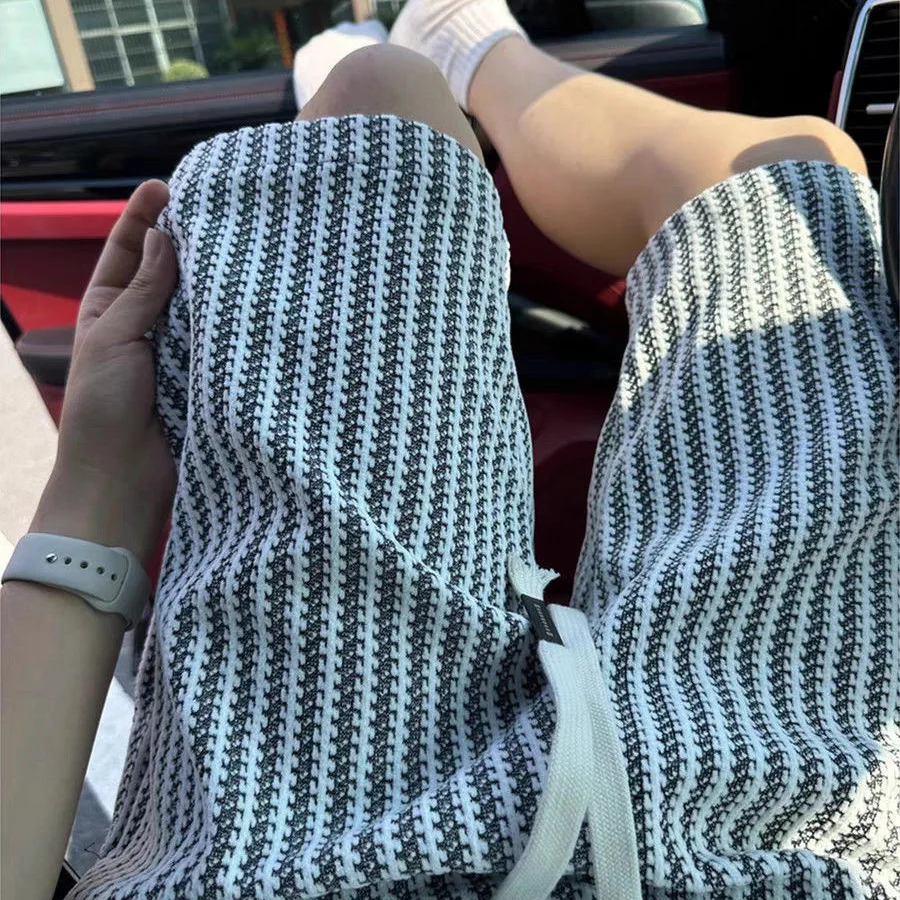 

Korean Retro Striped Men's Shorts Casual Five-Point Pants Knitted Polyester Fiber mid Waist Pocket Design Summer Leisure