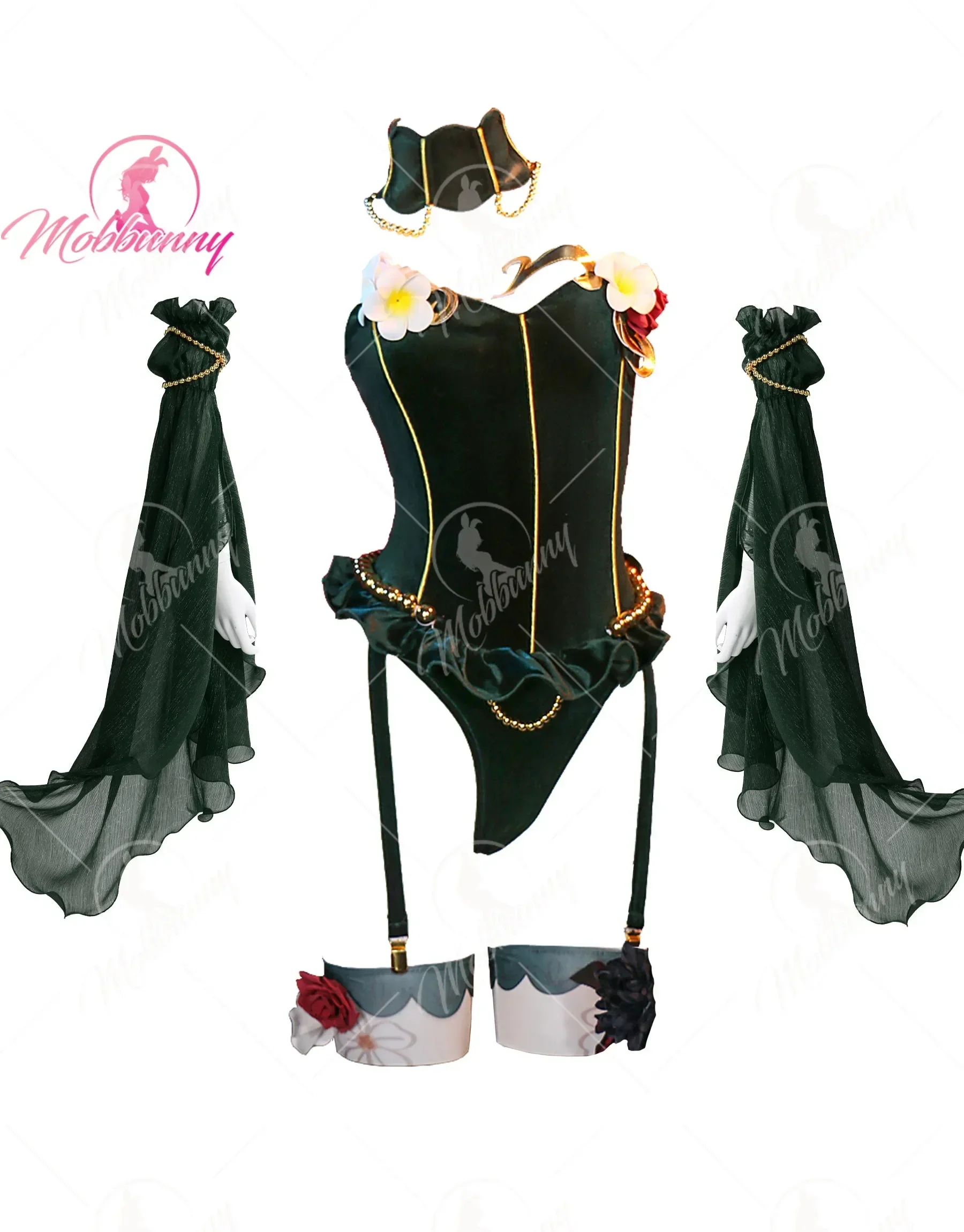 Mobbunny Women Medieval Style Sexy Lingerie Set Flower Decor Green Bodysuit with Stockings and Tulle Sleeves Cosplay Costumes