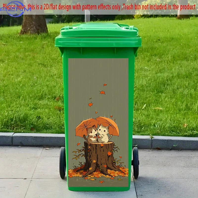 [2D Flat Printing] 1pc 2D Pattern Printed Kitchen Trash Can Sticker, X Cm Autumn Rain Dual Cats Sharing Umbrella Theme Kitchen