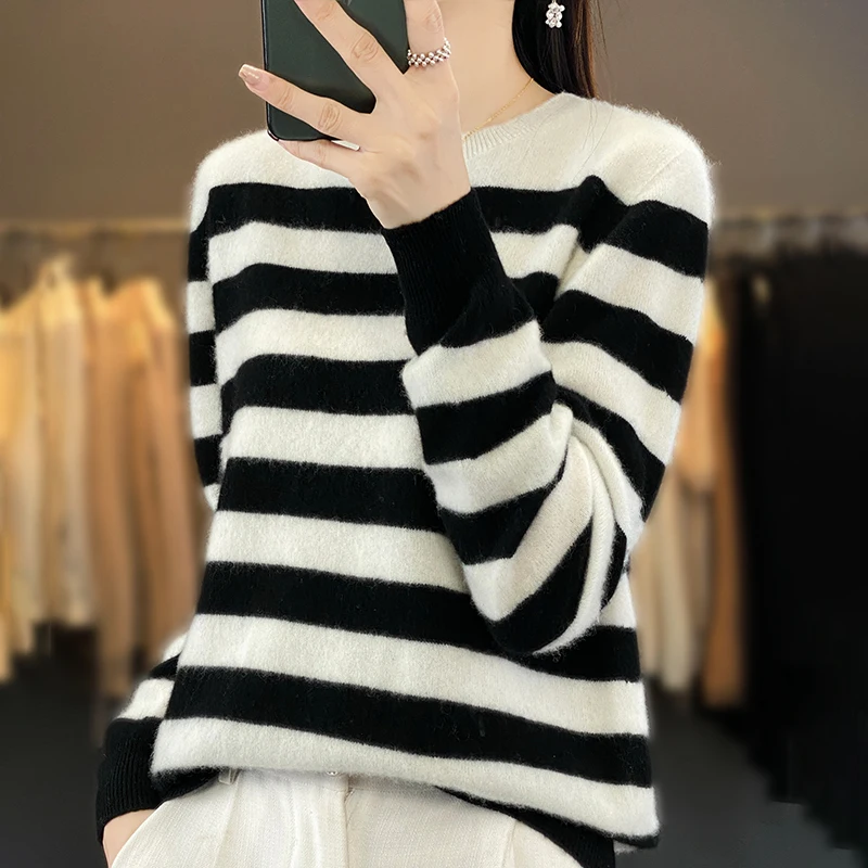 Women\'s Sweater Winter 100% Pure Wool Hoodie Casual Striped Knitted Blouse Round Neck Loose Tops Versatile Basic Base Sweater