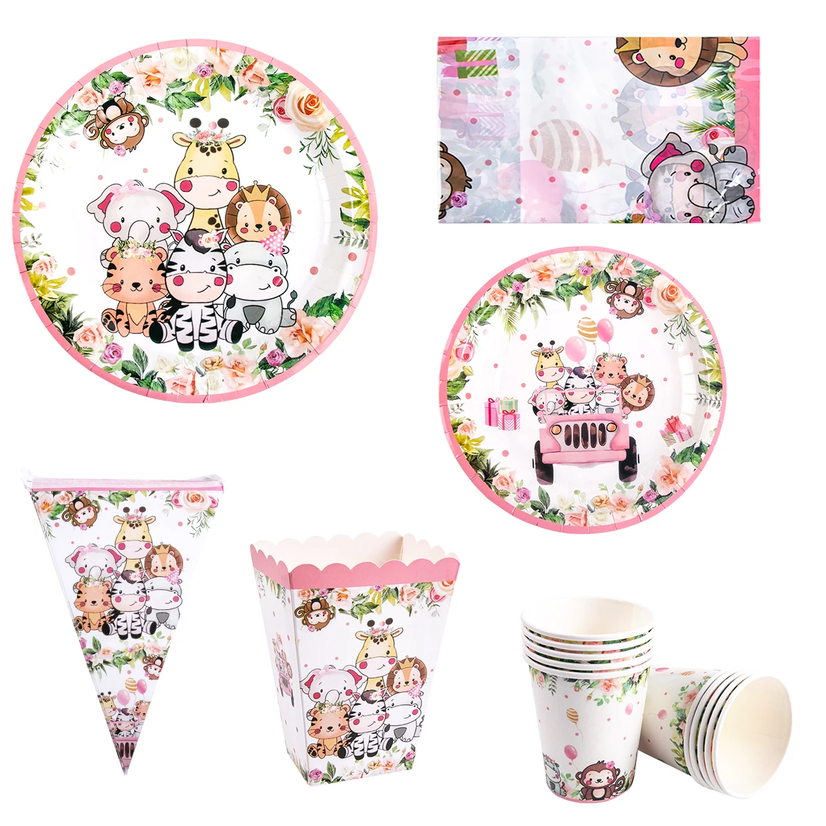 Jungle Safari Party Disposable Tableware Pink Jungle Animal Paper Plate Cup Napkin Banner Kid Girl Wild one Birthday Party Decor