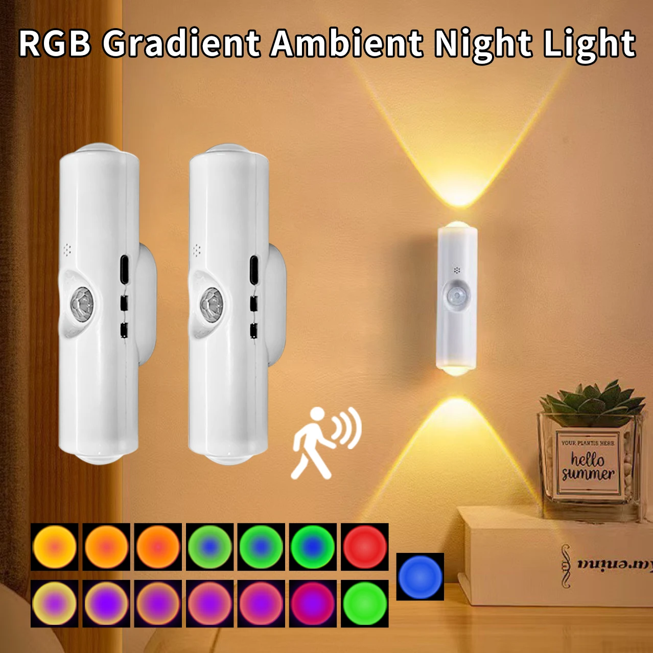 RGB Gradient Motion Sensor Night Light Rechargeable Wall Sunset Lamp Spotlight Magnetic Ambient Light for Bedroom Hallway Stairs