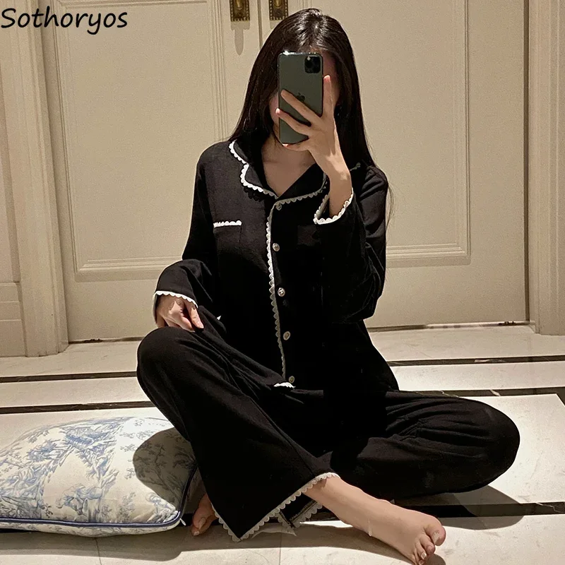 

Panelled Pajama Sets Women Plus Velvet Cozy Home Sleepwear Sweet Pockets Tender All-match Ulzzang Soft Daily Chic Females Autumn