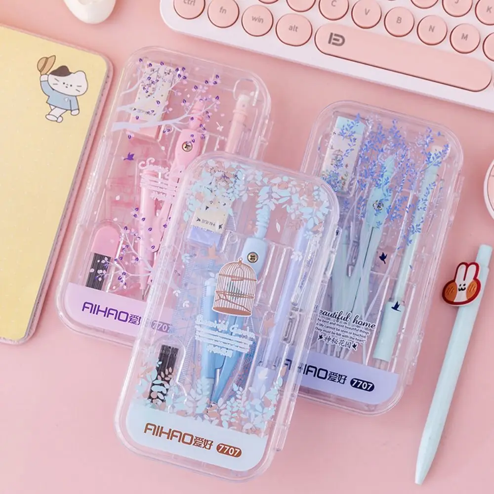 8pcs/set Durable Small Fresh Compasses Set Multifunction Rubber Automatic Pencil Protractor Ruler Kit