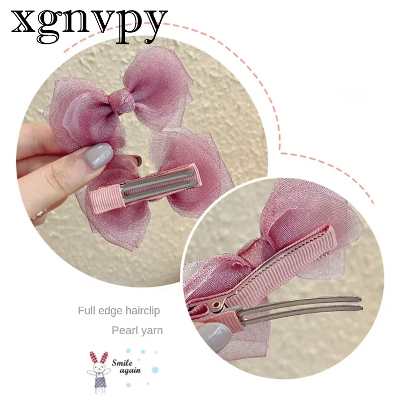 xgnvpy 2pcs Cute Girl Hairpin Fashion Hairpin Pearlescent Mesh Hair Card Children Bow Hairpin Baby Hair Accessories