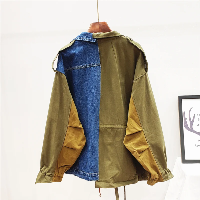 2024 Spring Autumn Oversized Long Sleeve Fake Two Piece Denim Patchwork Jacket Women Vintage Loose Basic Coat Female Streetwear