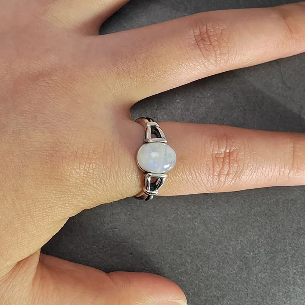 Group bague en argent regardé 925 avec ouverture réglable, pierre de lune naturelle, bijoux crépus vintage