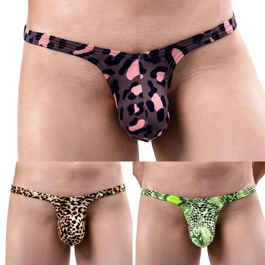 Sexy Mens Leopard Printed Pouch G-string Low Rise Briefs Thin Leopard Underwear T-back Thong V-string Underpants Panties