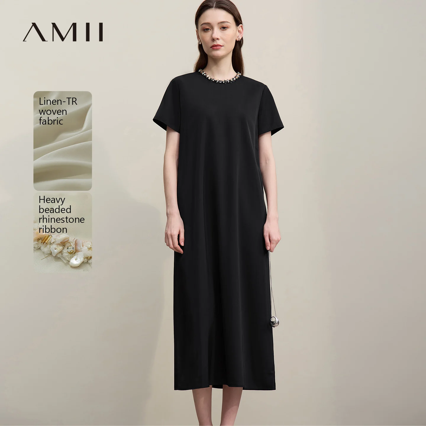 

Amii Women's Dress 2026 Summer New Linen Blend Round Neck Short Sleeve A-Line Elegant Holiday Casual Long Woman Dresses 12642096