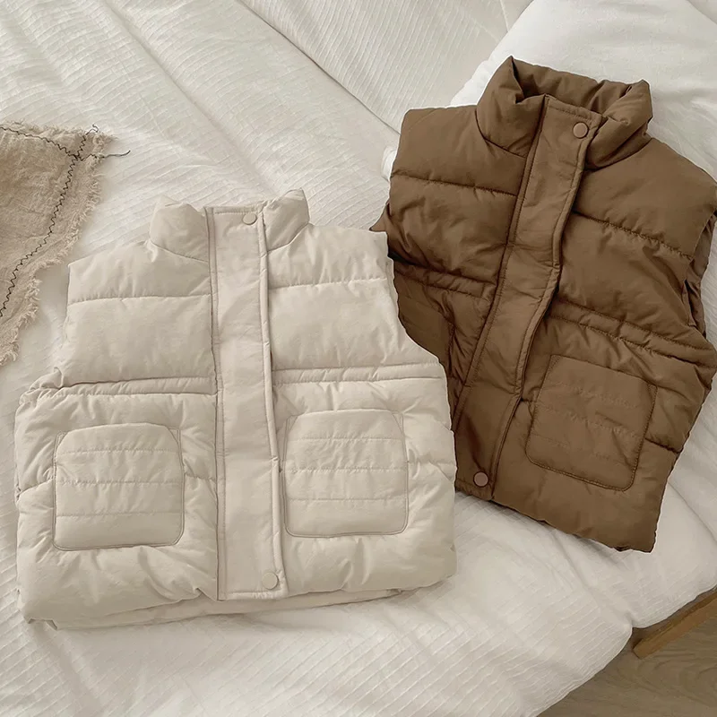 Children\'s Down Cotton Vest for Boys and Girls for Autumn and Winter Korean Version Pocket Stand Collar Baby Vest Cotton Jacket