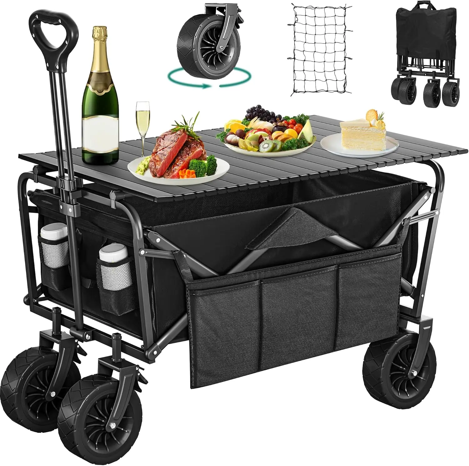 

Folding Wagon w/Table Plate, Large Capacity Collapsible Wagon Cart, Adjustable Handle Height Foldable Utility Garden Cart, Outdo