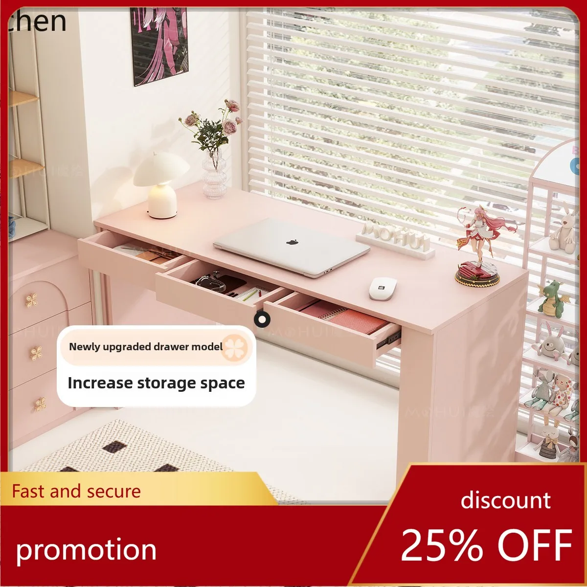 

HXL Study Computer Desk Office Integrated Desk with Storage Large Board Table Pink Writing Desk