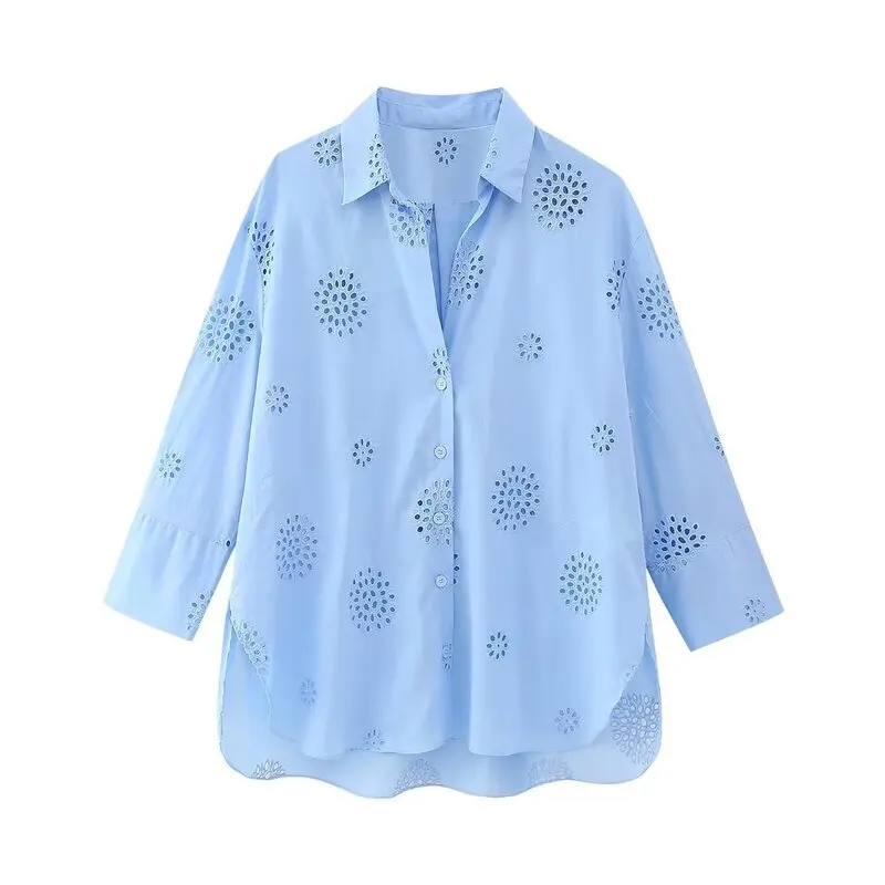 เสื้อผู้หญิงทรงหลวมอเนกประสงค์ ปักลายฉลุ ดีไซน์ใหม่สำหรับฤดูใบไม้ร่วง สไตล์เรียบหรู สีพื้น เหมาะสำหรับใส่ทำงาน แขนยาว แต่งกระดุม