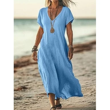 Loose Cotton Linen Women's Dress V-Neck  Color Casual Comfortable A-Line Skirt for Commuting Business Traveling Shopping