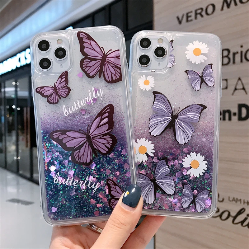 Butterfly Quicksand Cover for iPhone 14 15 Pro Max Plus Phone Case Glitter Purple Hearts Liquid Funda 16Pro 16 Moving Sand Shell