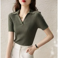 Women's Polo Shirts Slim Knitted Female Tee Plain T-shirts Korean Style Aesthetic Pulovers New Casual Tops Short Sleeve Luxury