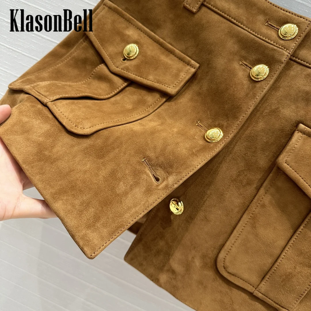 7.12 TOPACHIC Women Vintage Cow Suede Genuine Leather Straight Short Skirt Pocket Gold Botton Low Waist Mini Skirt